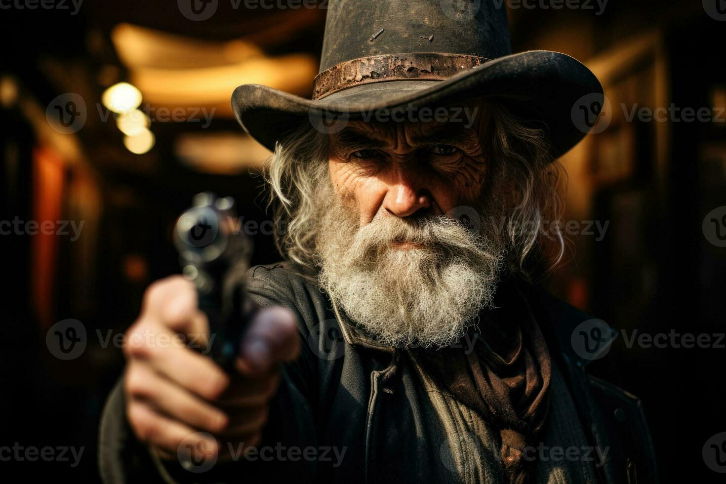 Front facing cowboy gun drawn prepares for wild west town duel photo