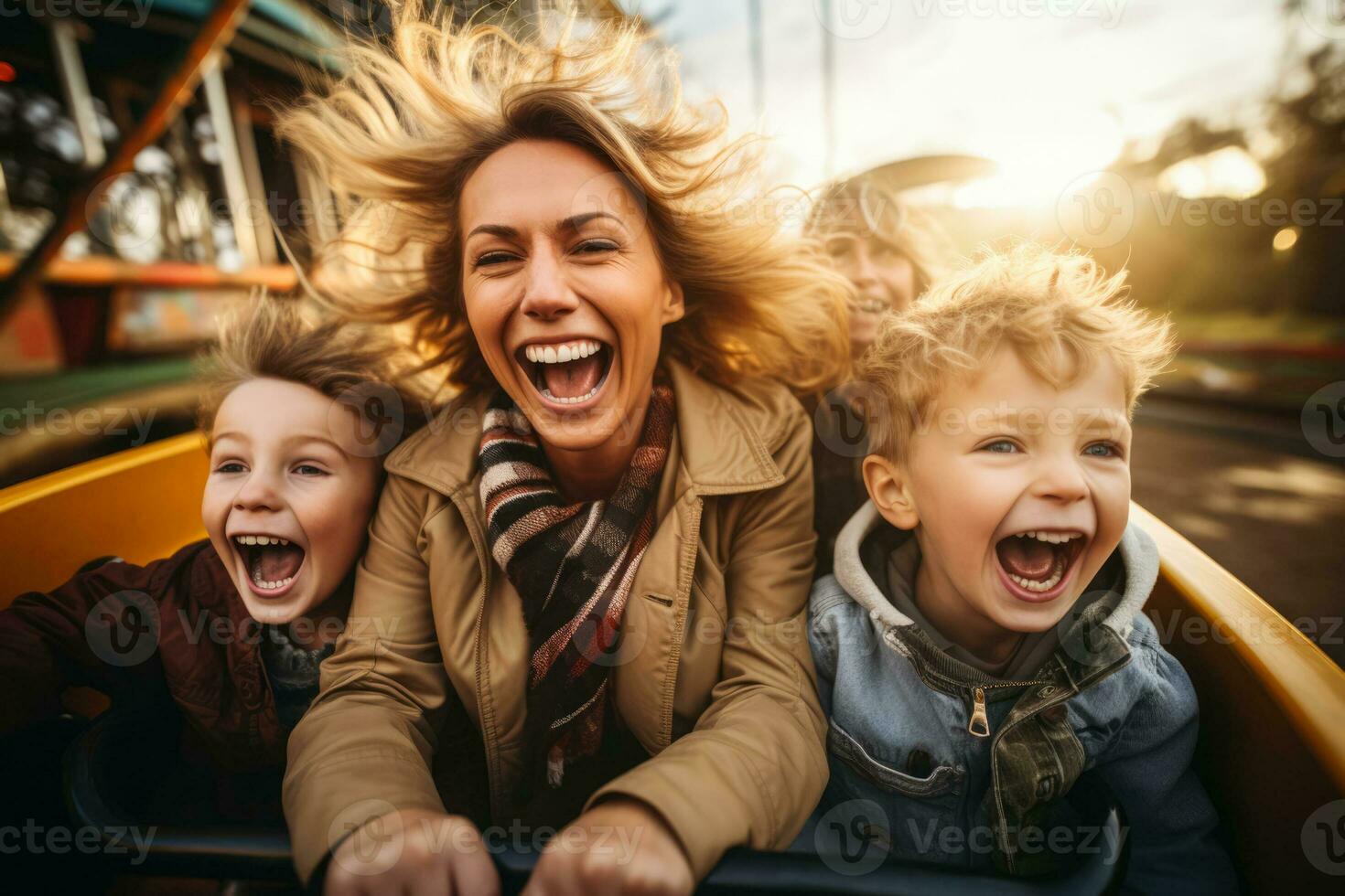 Excited mother and her two children experience joy on rollercoaster photo