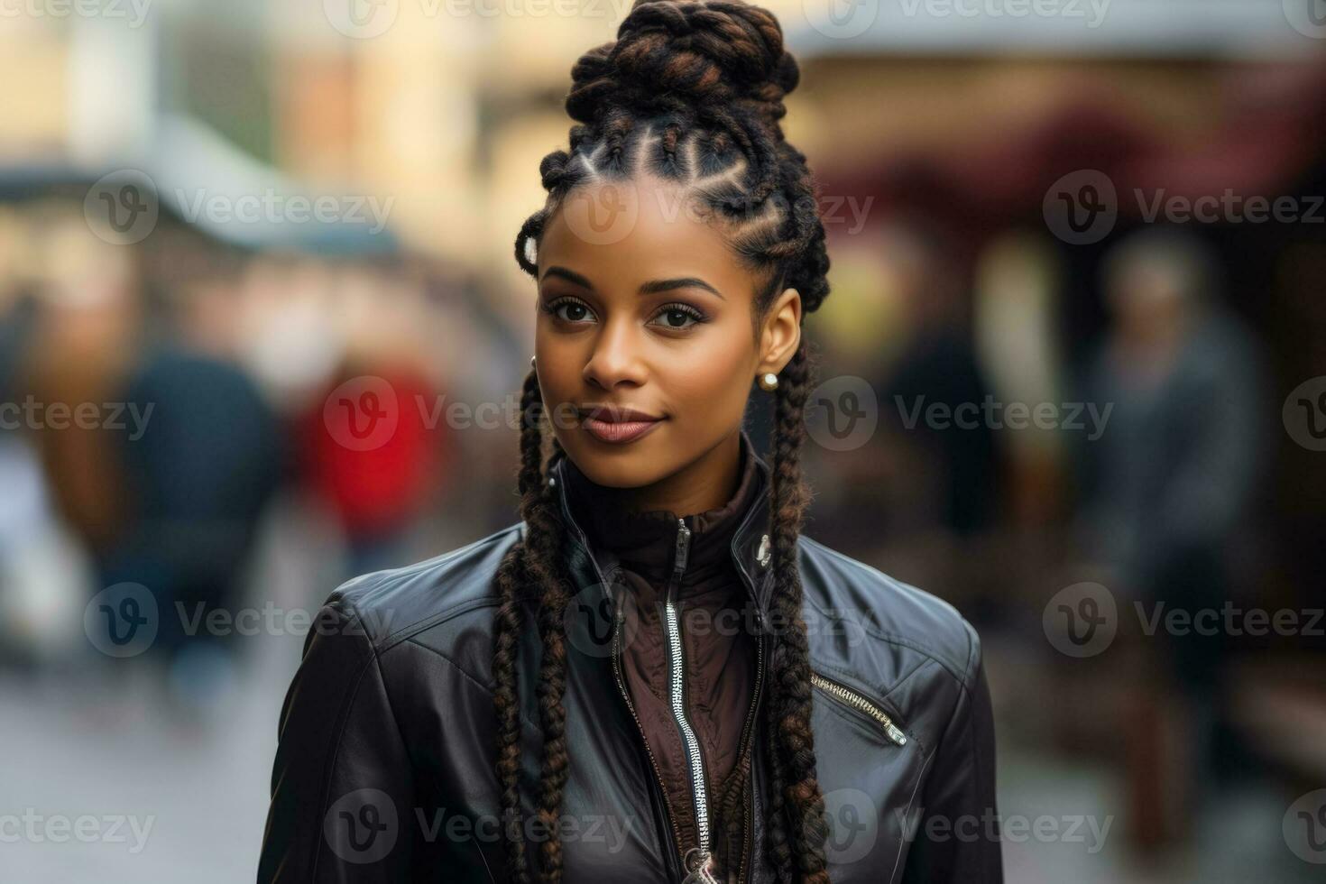 Stylish lady with soaring braids confidently struts along the street photo