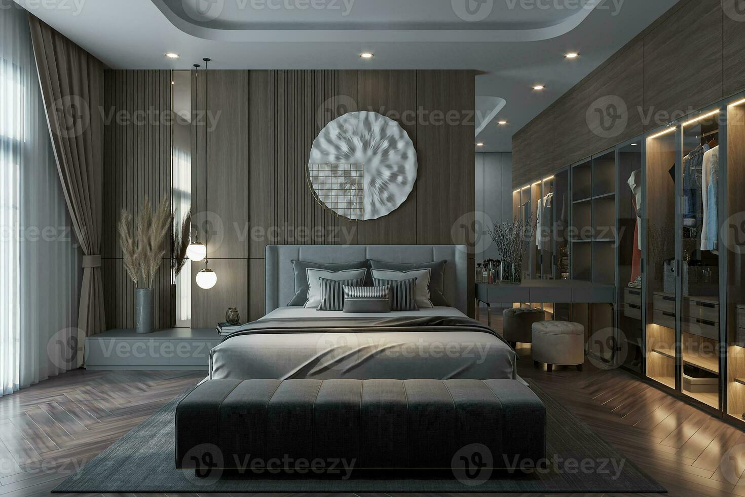 Luxury Bed, Plaid, Almirah, and Console Table in Modern Bedroom 3D rendering photo