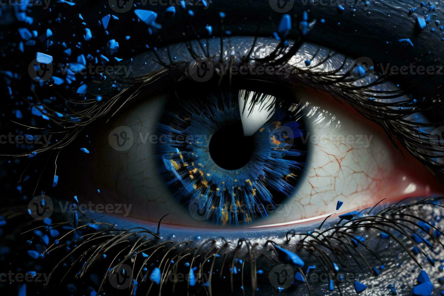 Bright blue and azure lines scatter after blast forming volumetric human blue eye model photo