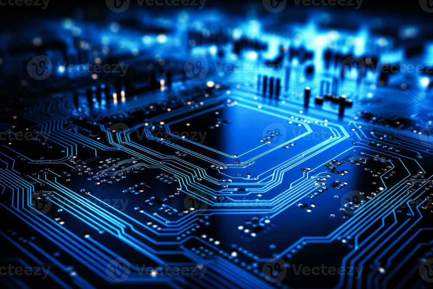 Blue circuit board background resembling electronic components in a computer photo