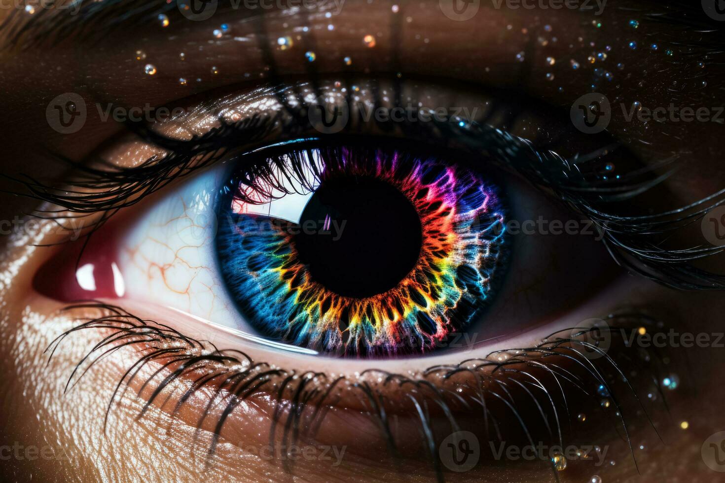 Scattered rainbow lines form a volumetric human eye iris and pupil after a bright flash photo