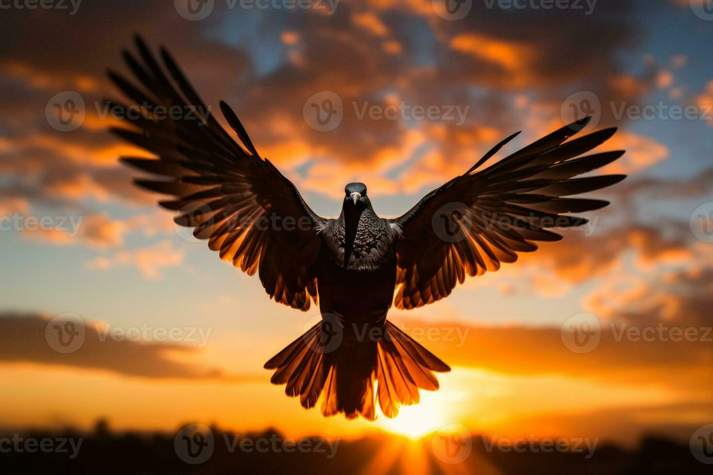 Silhouette pigeon returns to hands in vibrant sunlight symbolizing hope photo