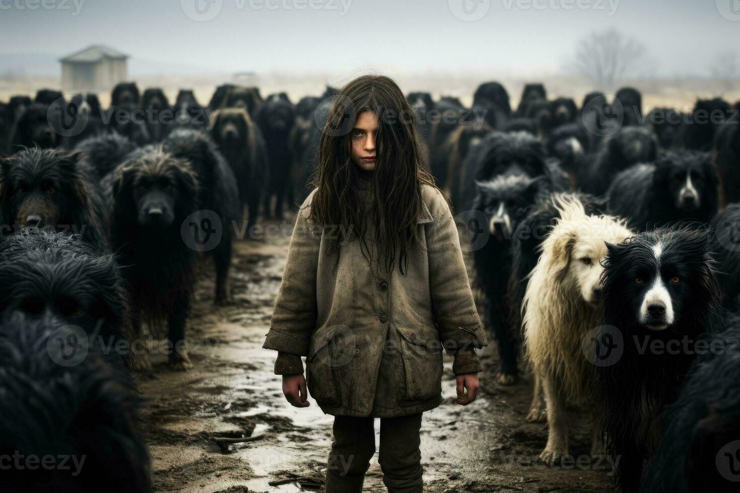 A girl stands before a herd of eerie dogs apprehensive photo