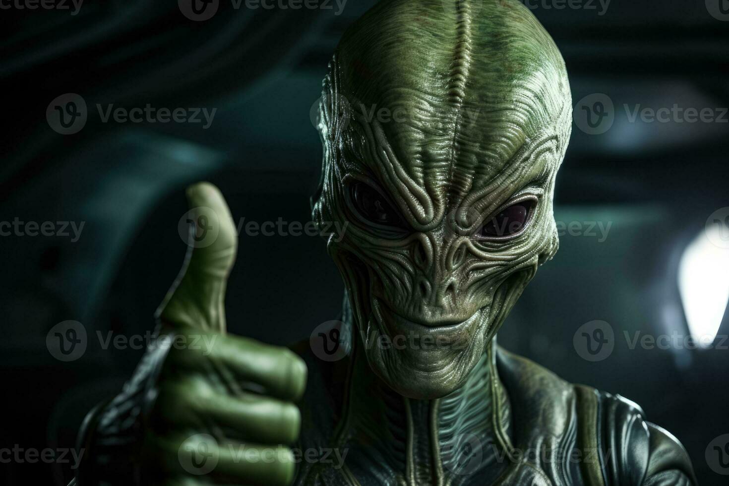 Alien displays thumbs up with featured focus copy space downwards photo