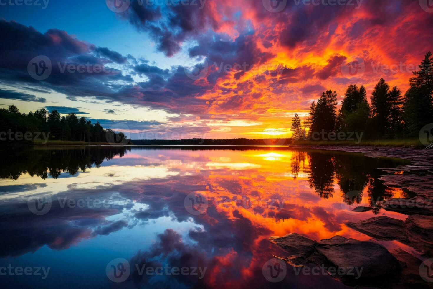 Vibrant sunset casting colorful reflections on serene lake shimmers beautifully photo