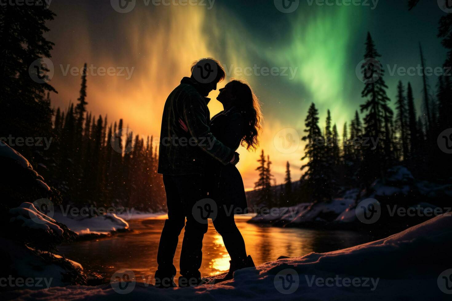 Aurora borealis ilumina como un romántico Pareja abraza en el montaña foto