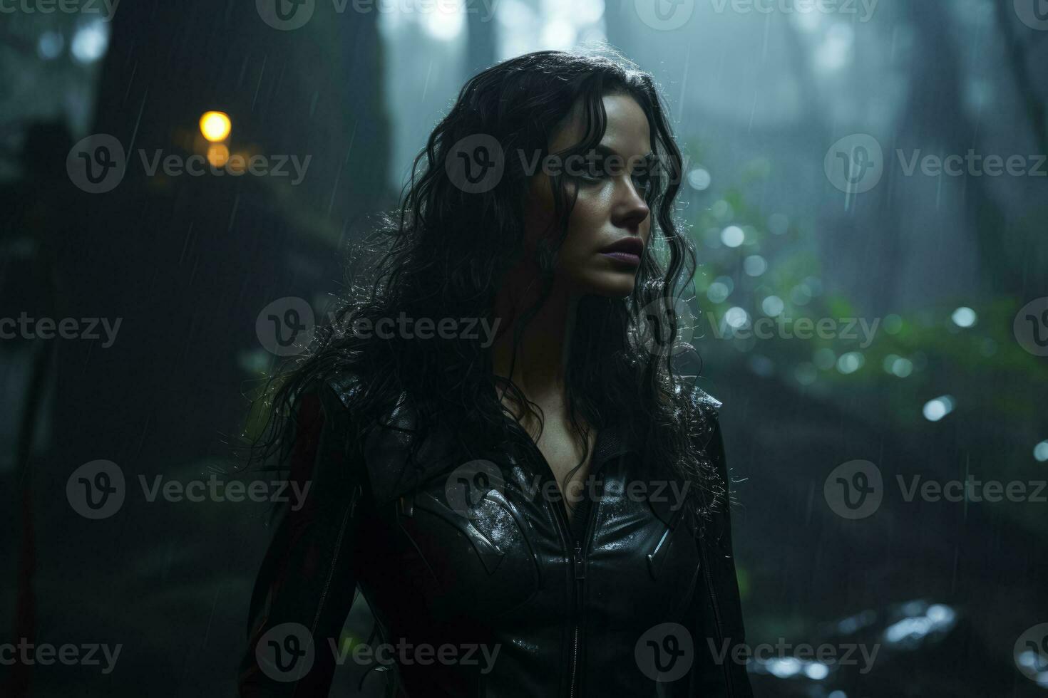 Catwoman stands in a eerie dim forest evoking unease photo