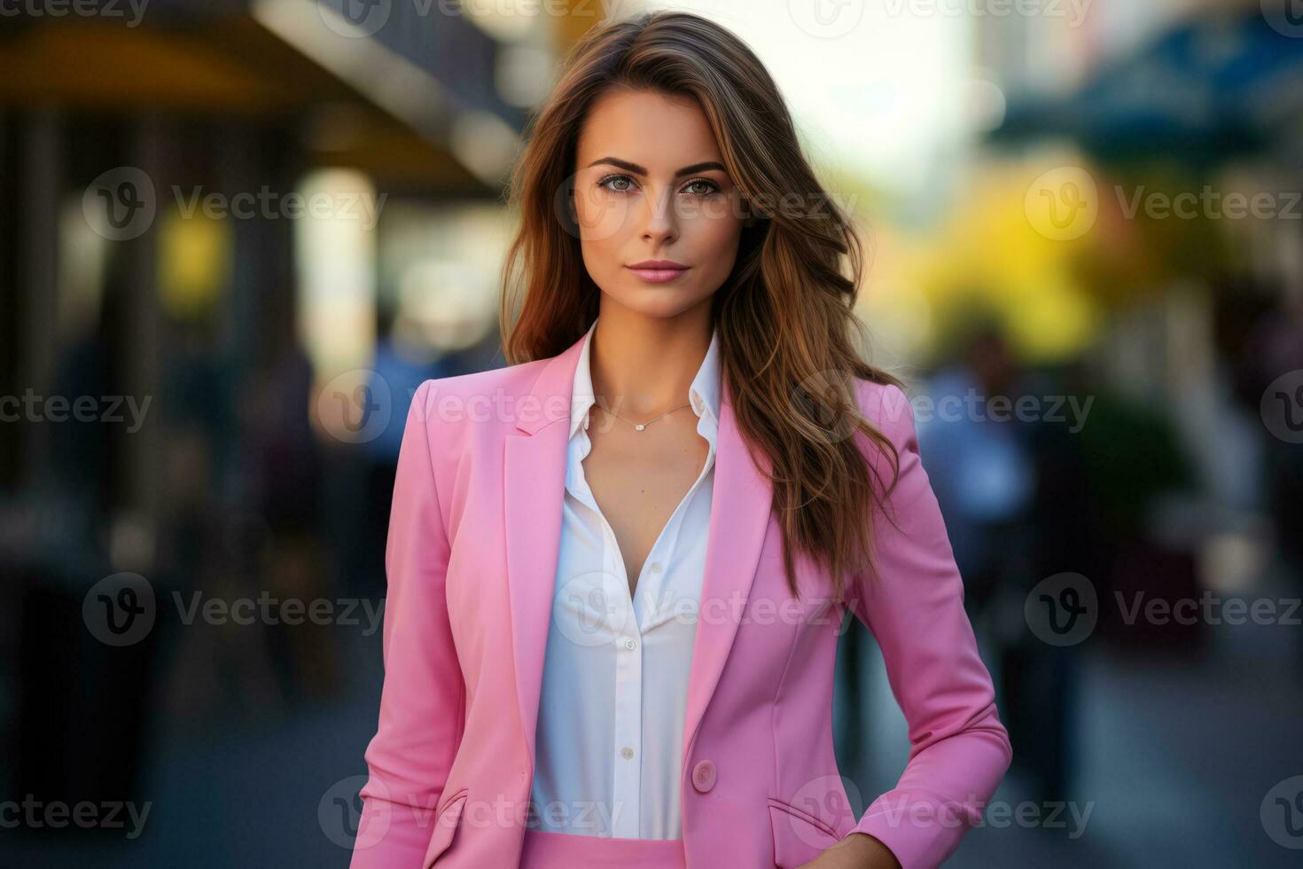 Businesswoman sporting pink blazer working office ambiance summarized in 10 words photo