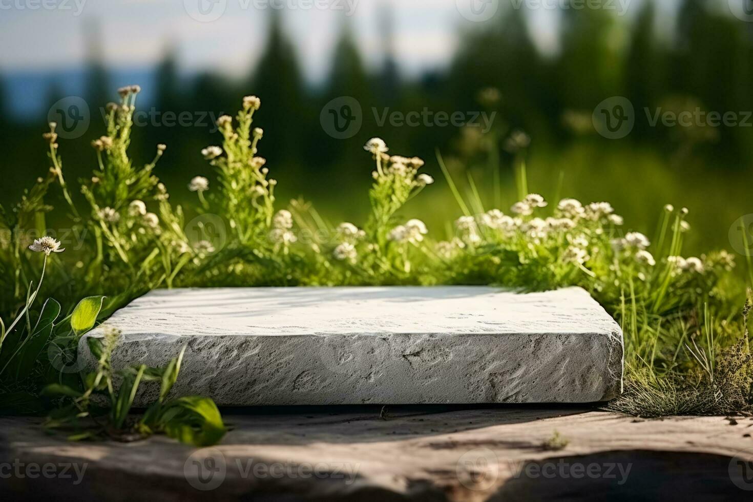 Stone platform in meadow and on white background for product presentation photo