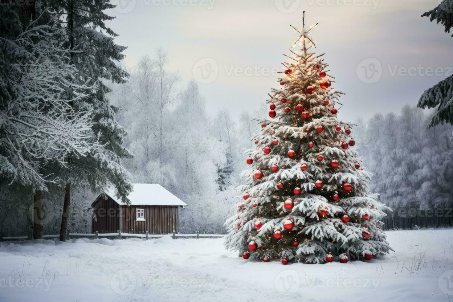 A Snow covered Christmas tree with red and white decorations photo