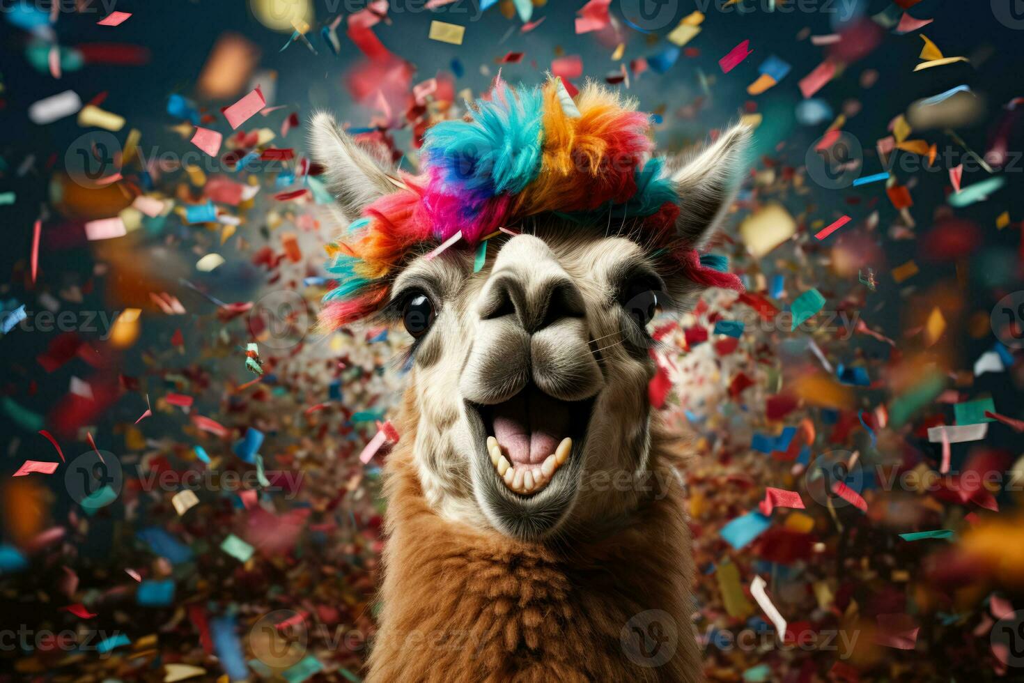 Jolly llama happily wears a hat surrounded by flying confetti photo