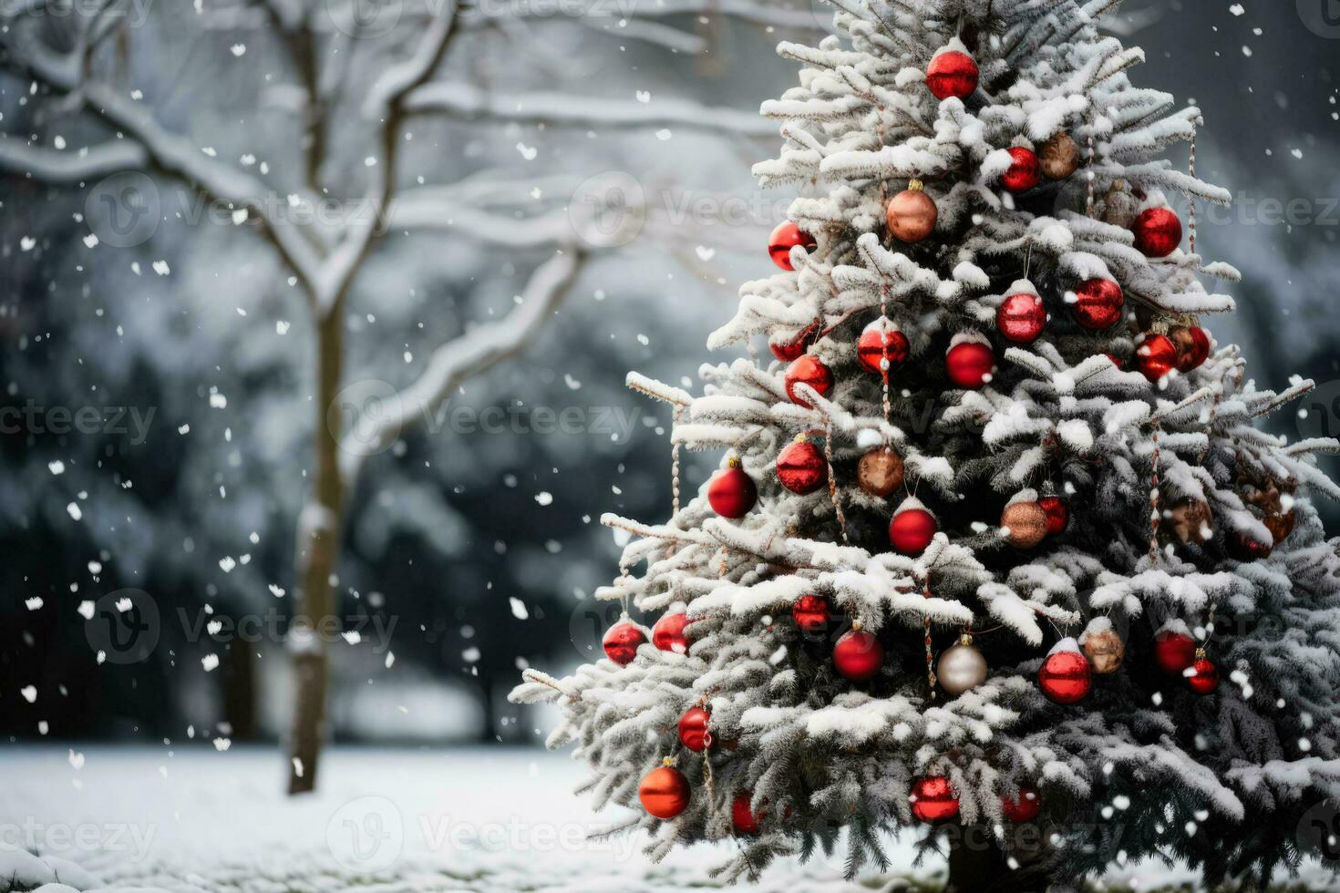 A Snow covered Christmas tree with red and white decorations photo