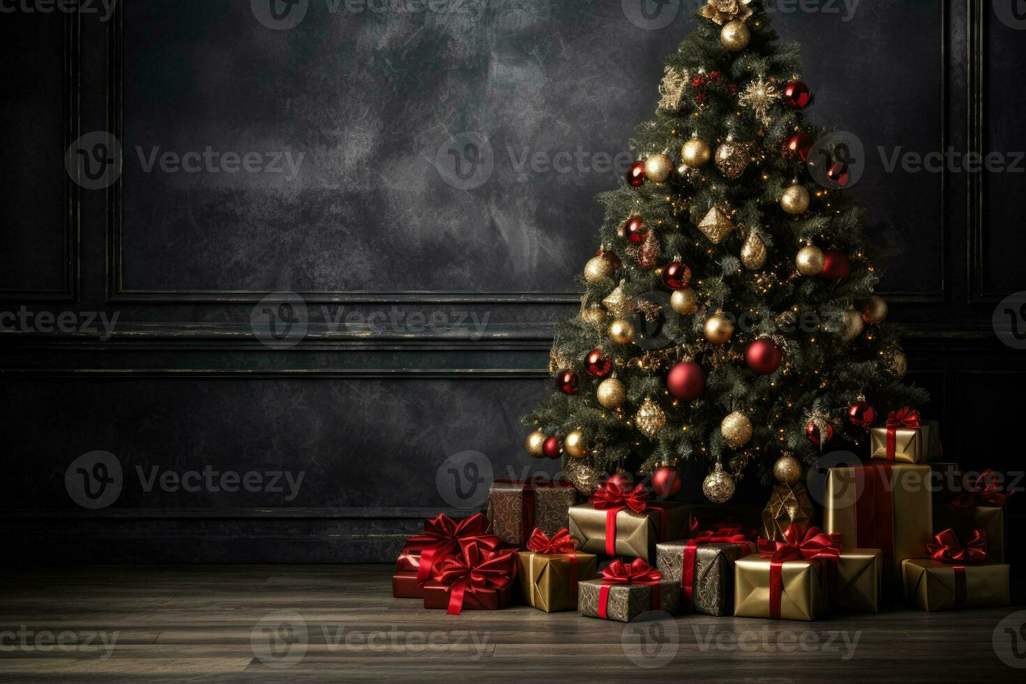 A festive Christmas tree adorned with decorations and presents photo