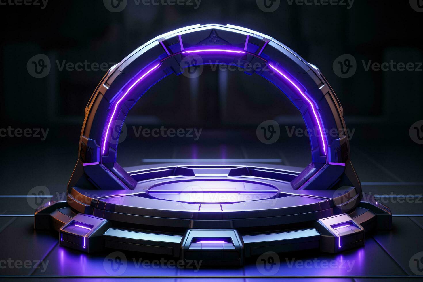 Futuristic cyberpunk display with neon glow stand podium for gaming product photo