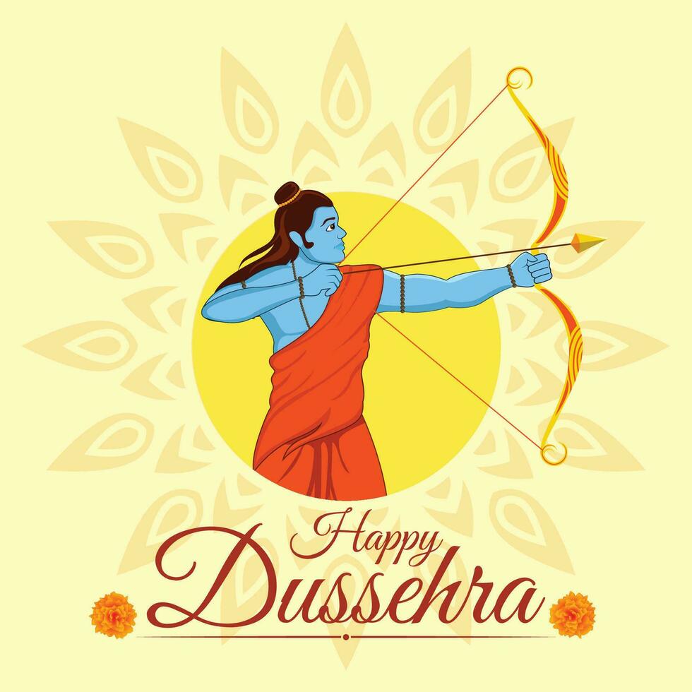 Hindu God Lord Ram with Arrow and bow with Happy Dussehra text vector illustration