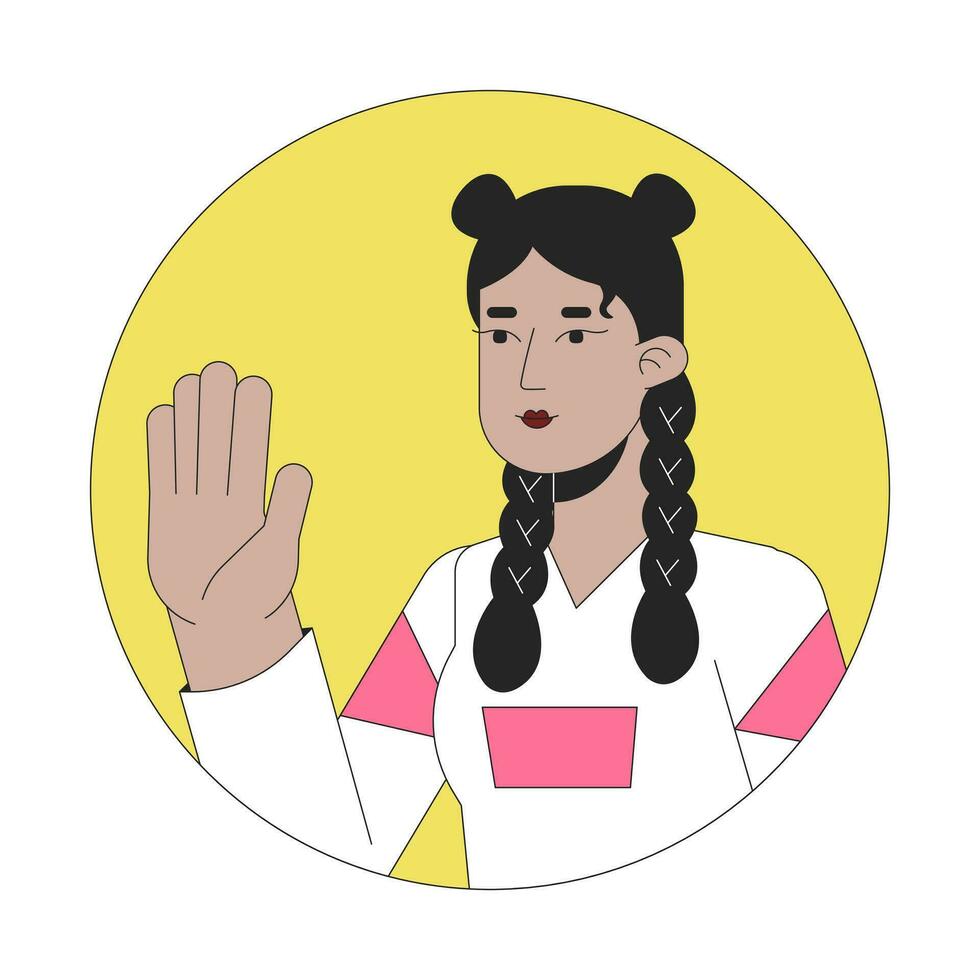 Stylish hispanic girl hello wave 2D line vector avatar illustration. Positive greeting teenager latina outline cartoon character face. Stop hand. Saying hi flat color user profile image isolated