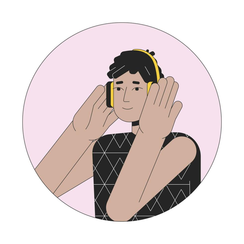 Headphones hispanic guy 2D line vector avatar illustration. Dreads latino listening to music beats outline cartoon character face. Podcast listener. Music lover flat color user profile image isolated