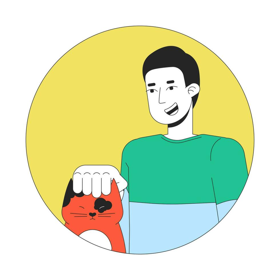 Caucasian guy gently petting cat 2D line vector avatar illustration. European pet owner outline cartoon character face. Kitten being petted. Veterinarian male flat color user profile image isolated