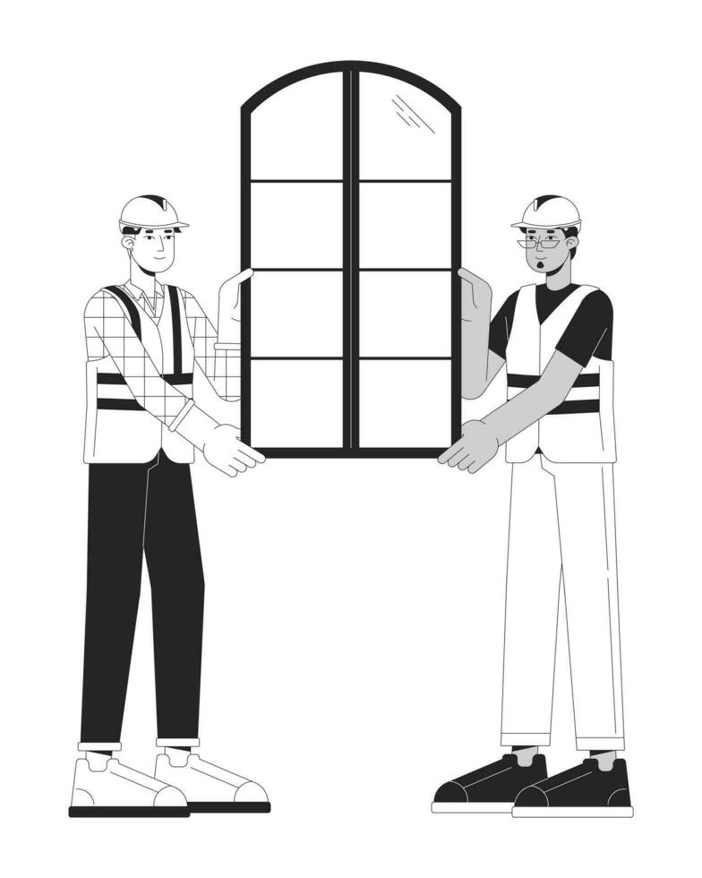 Window installation home black and white cartoon flat illustration. Window fitters diverse men 2D lineart characters isolated. Installers contractors hardhat monochrome scene vector outline image