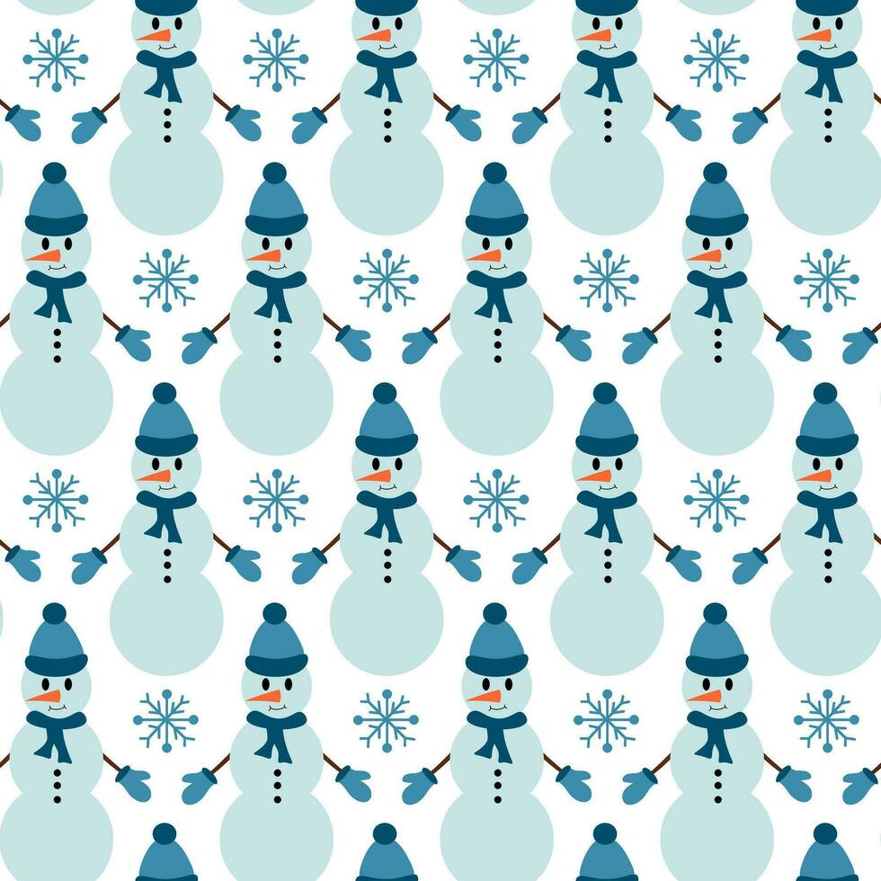 Winter and Christmas seamless pattern. Snowflakes and Snowman with hat, scarf and mittens. Vector flat