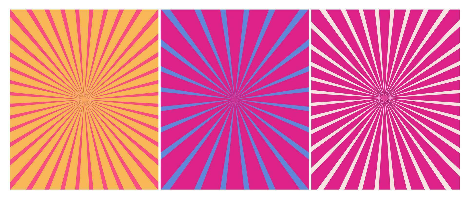 set of sunburst background in retro trendy pink and blue colors, 60s 70s 80s abstract poster vector