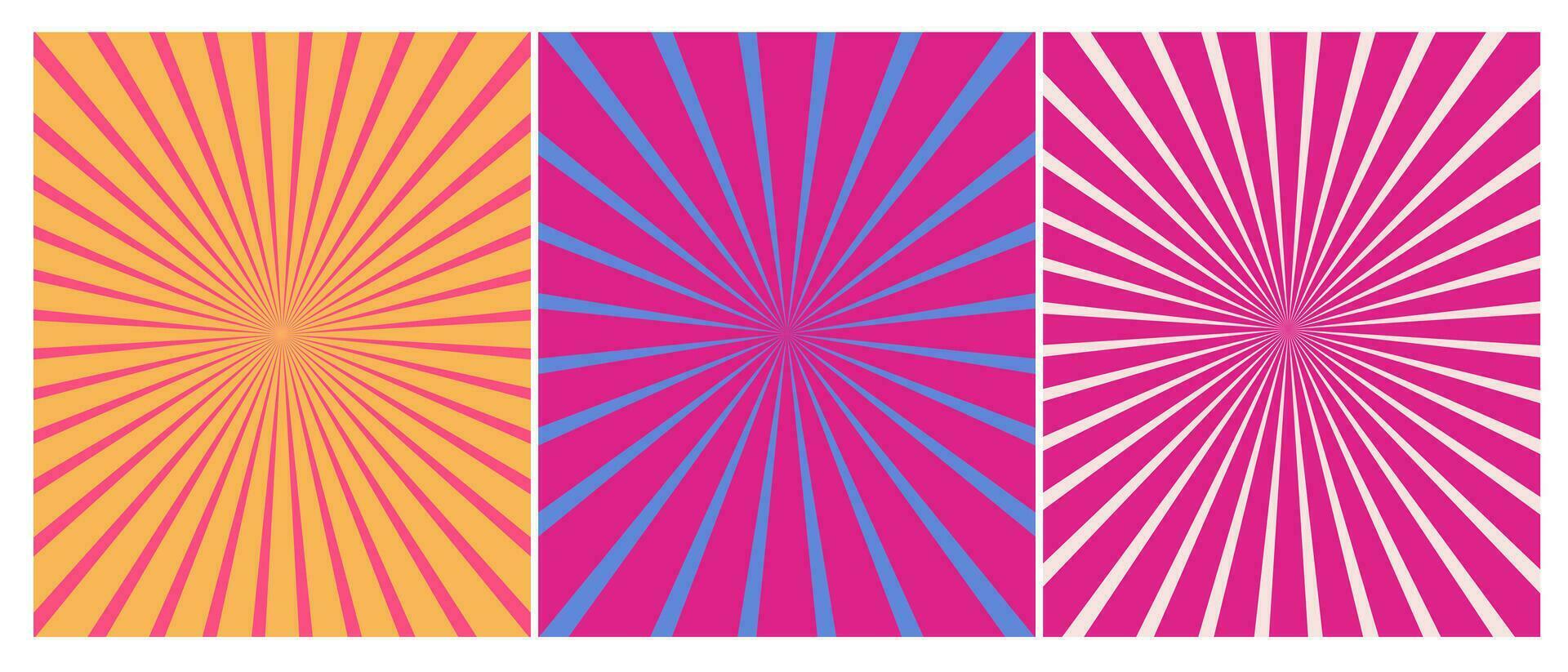 set of sunburst background in retro trendy pink and blue colors, 60s 70s 80s abstract poster vector