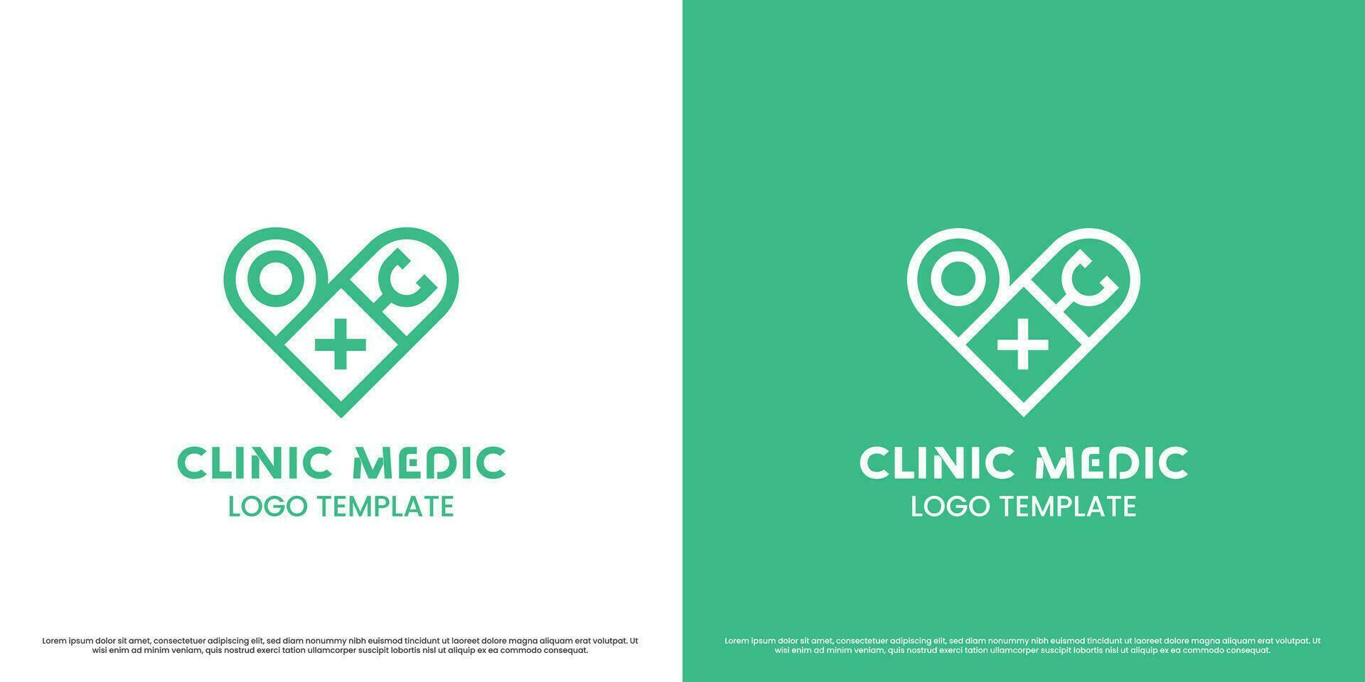 Heart medical clinic logo design illustration. Flat silhouette plus stethoscope doctor point gps place medical health medicine. Simple minimalist geometric linear feminine masculine serious icon. vector
