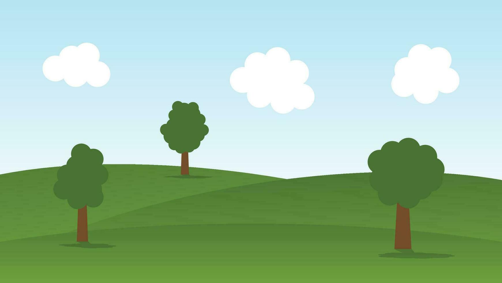 landscape cartoon scene with green hills and white cloud in summer blue sky background vector