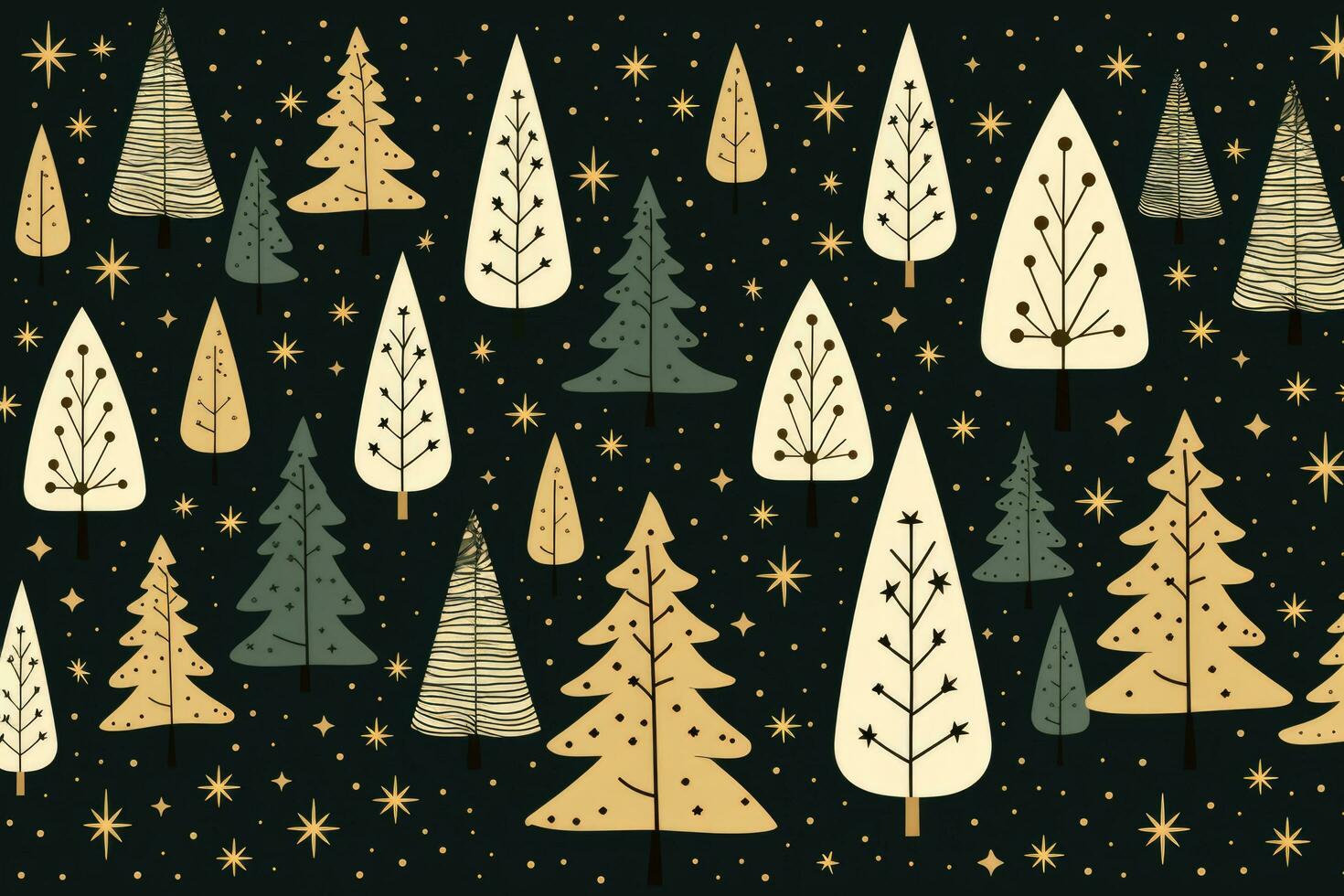 Different Christmas trees in flat style on a dark background. New Year and Christmas background, postcard photo