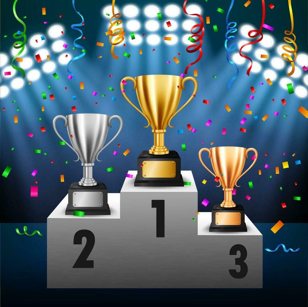 Championship with 3 Trophies on Podium with Illuminated Spotlight, Vector Illustration