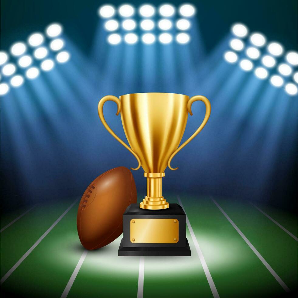 American Football Championship with Golden Trophy with Illuminated Spotlight, Vector Illustration