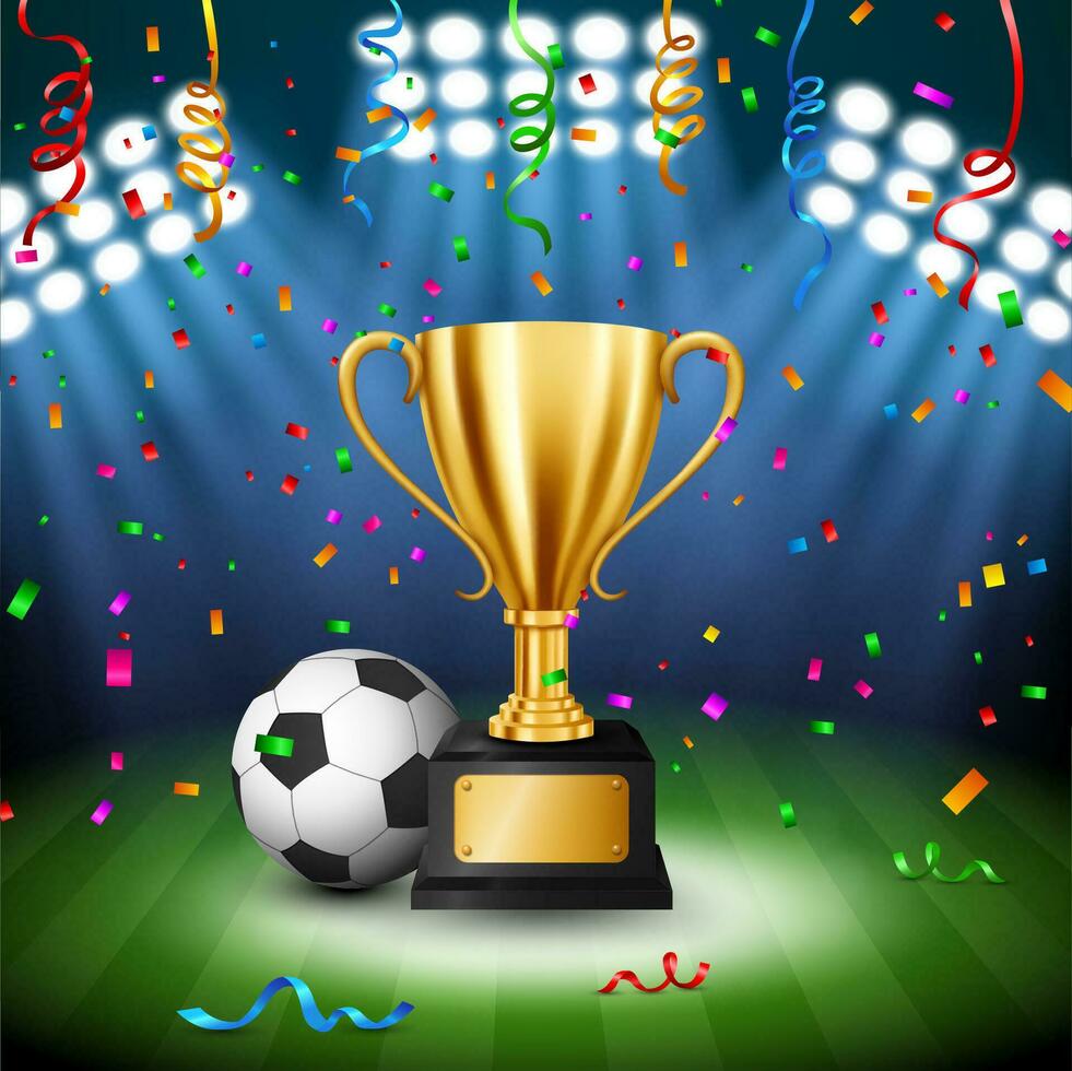 fútbol campeonato con dorado trofeo con que cae papel picado y iluminado destacar, vector ilustración