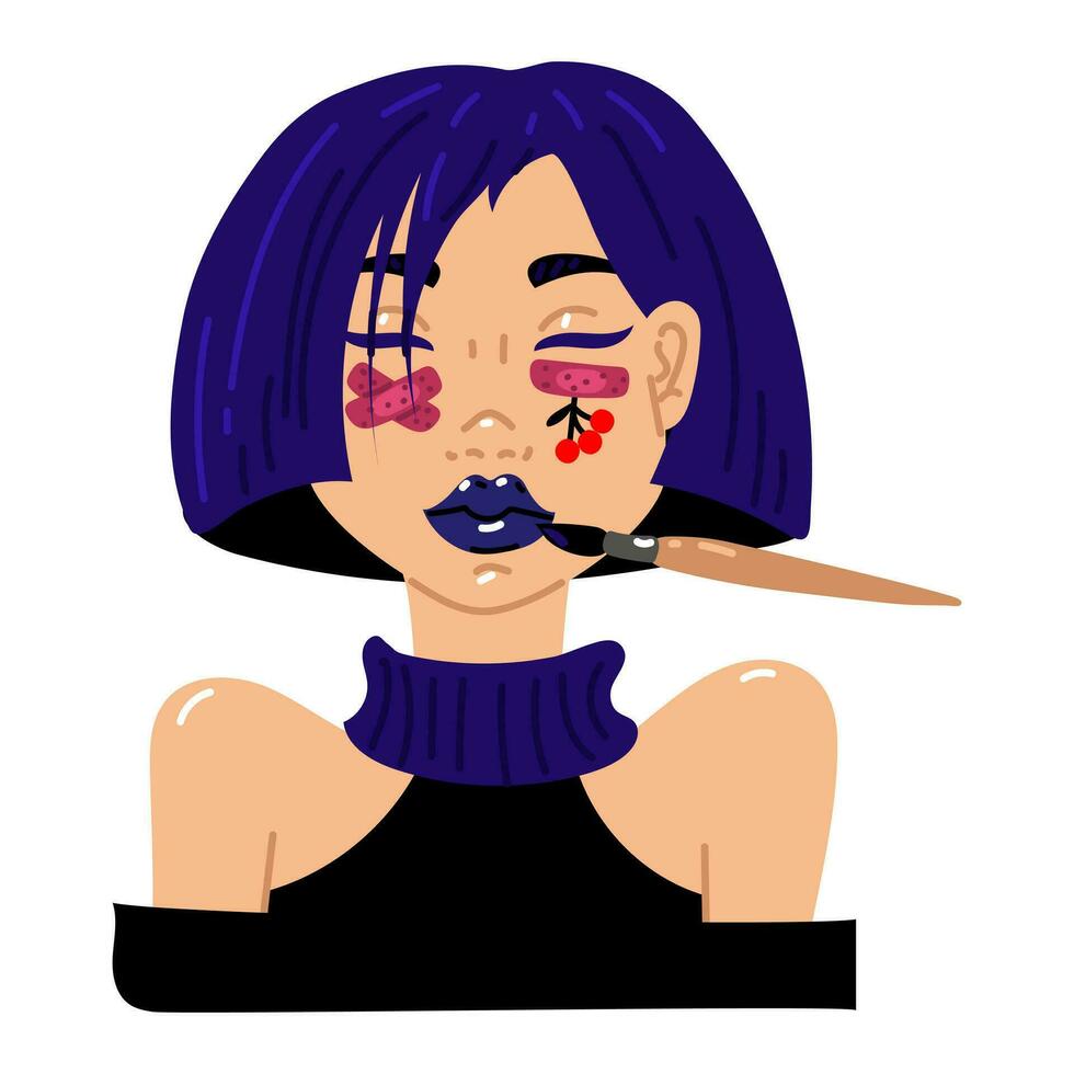 The girl is at the makeup artist, applying lipstick with a brush. Conceptual illustration in cartoon style. A bright stylish image with a plaster on his face. Juicy image in blue, black colors. makeup vector