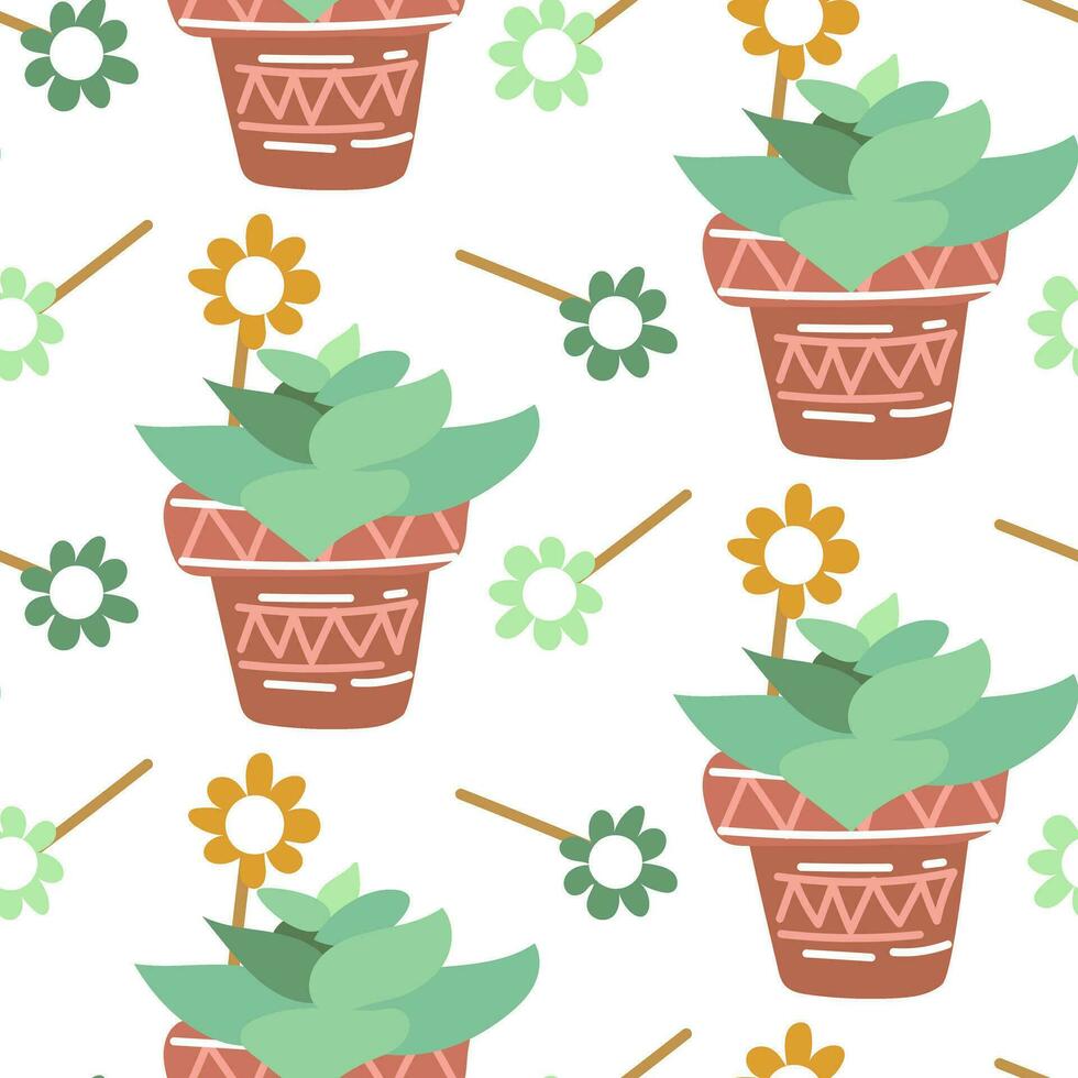 Cute seamless pattern of a cactus in a pot with a flower on a white background. The vector image of a houseplant is scattered, rotated in different directions. Cactus for printing on textiles, paper