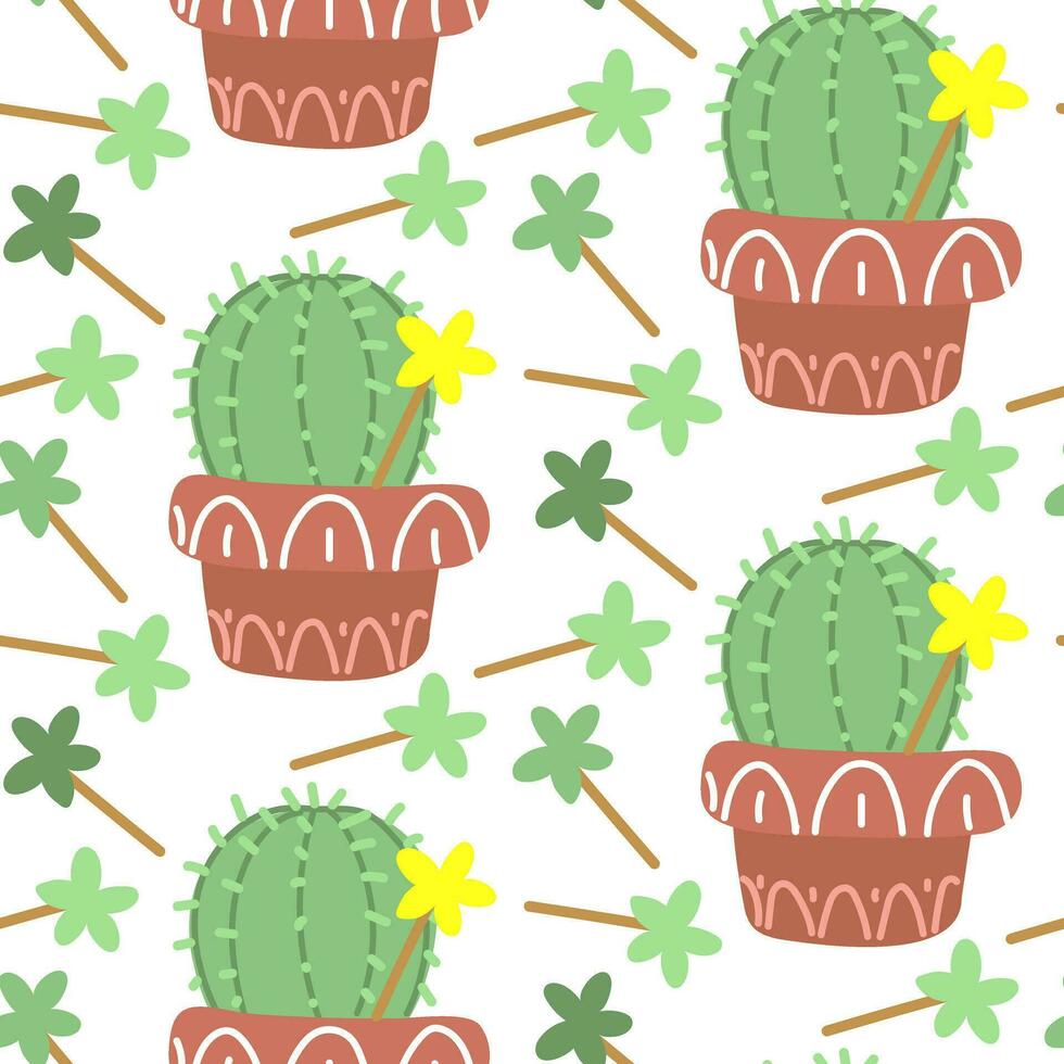 Cute seamless pattern of a cactus in a pot with a flower on a white. The vector image of the flower of a prickly houseplant is scattered, rotated in different directions. Cactus for print on textiles