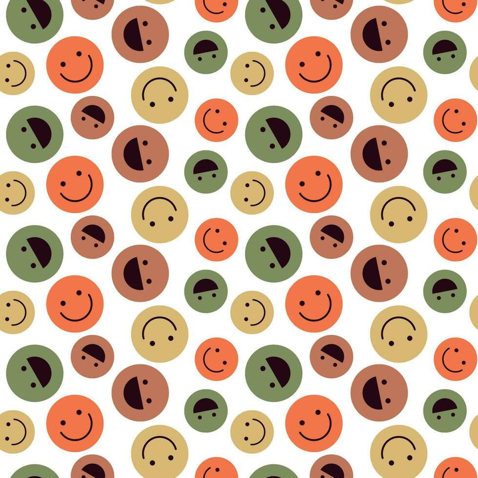 Seamless pattern of multicolored laughing retro faces of different sizes on a white background. Vector illustration for fun and happy designs. Smile, laugh, turn, crazy. Perfect for wallpaper, fabrics