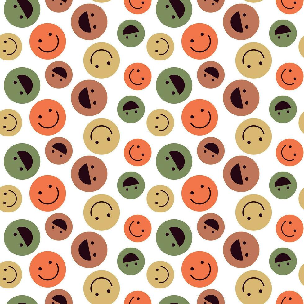 Seamless pattern of multicolored laughing retro faces of different sizes on a white background. Vector illustration for fun and happy designs. Smile, laugh, turn, crazy. Perfect for wallpaper, fabrics