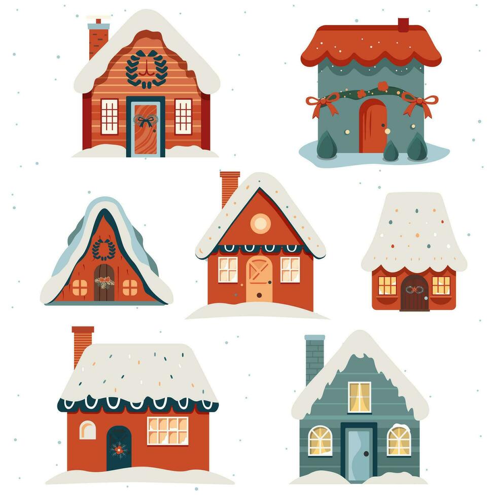 Cute christmas houses in cartoon style. Set of hand drawn houses. Scandi christmas illustration. vector