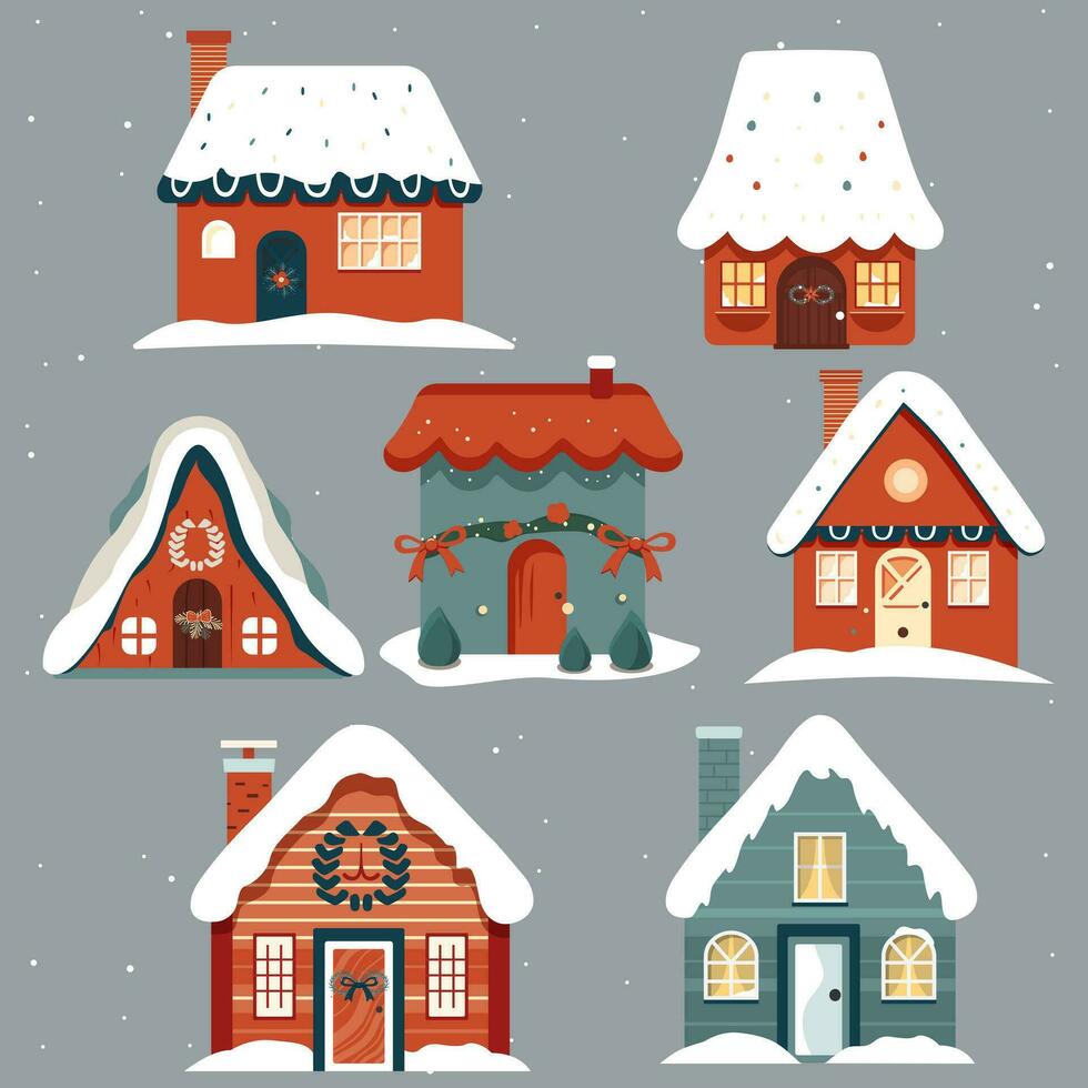 Cute christmas houses in cartoon style. Set of hand drawn houses. Scandi christmas illustration. vector