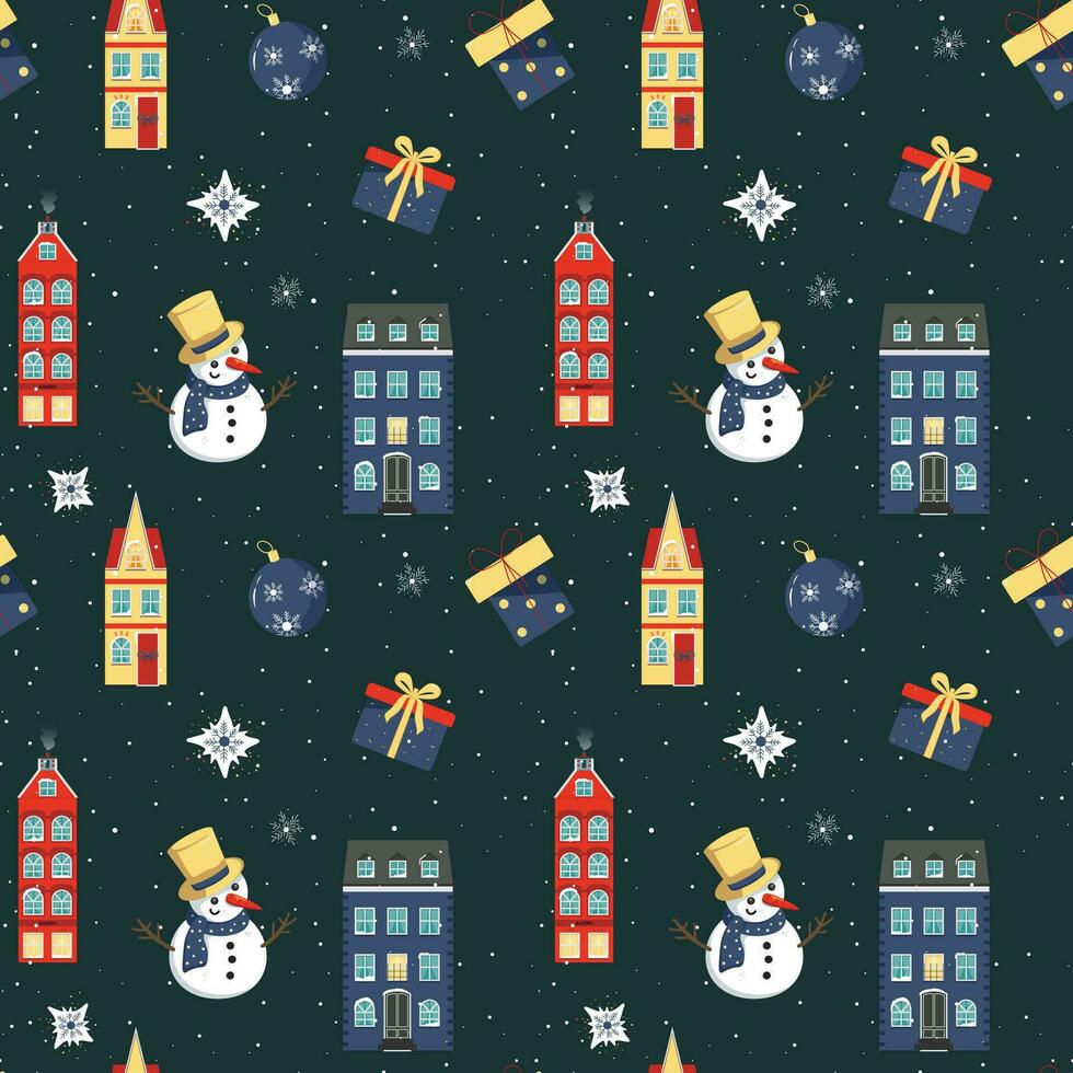 Winter seamless pattern with scandi houses. Christmas vector pattern. Winter card design.