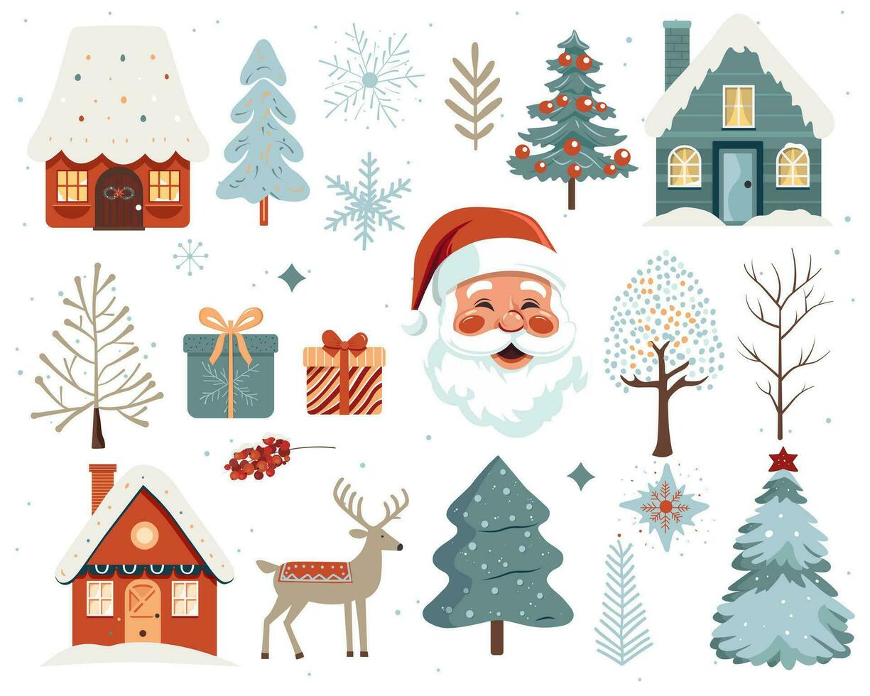 Scandi christmas illustration, cute houses, trees, deer, santa claus. Big set of hand drawn christmas elements. vector