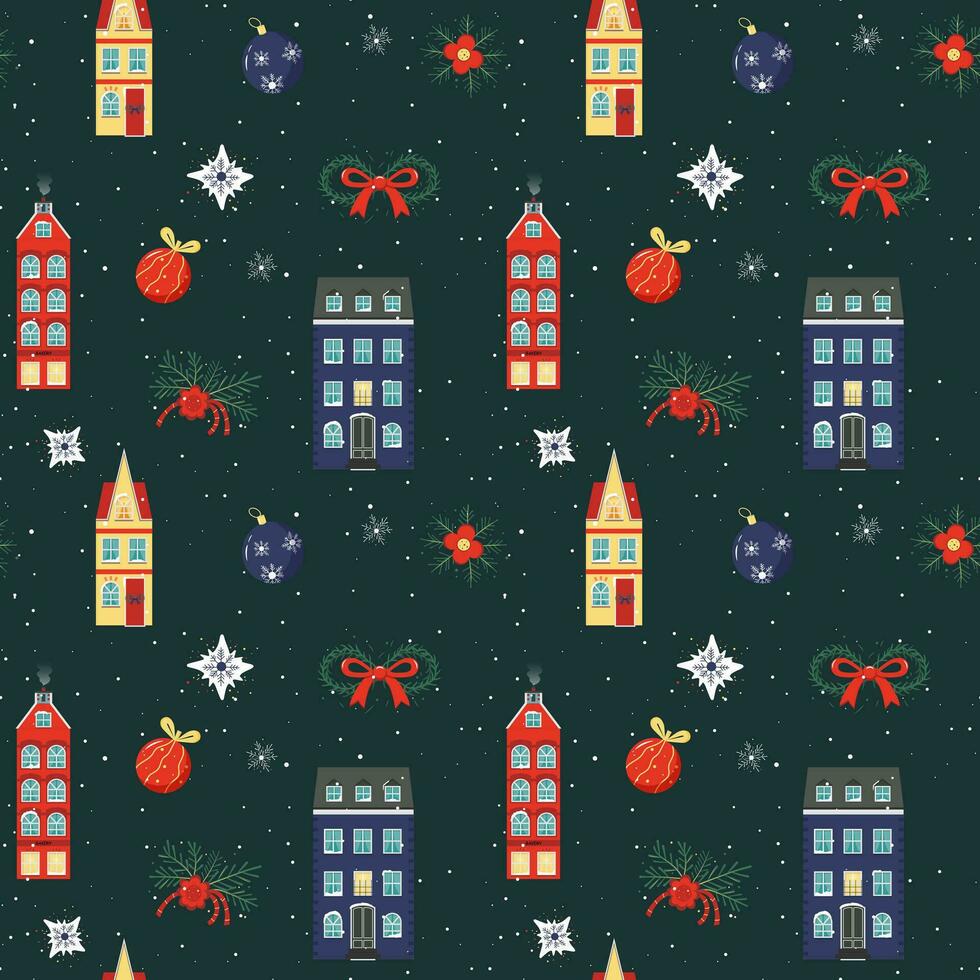 Winter seamless pattern with scandi houses. Christmas vector pattern. Winter card design.