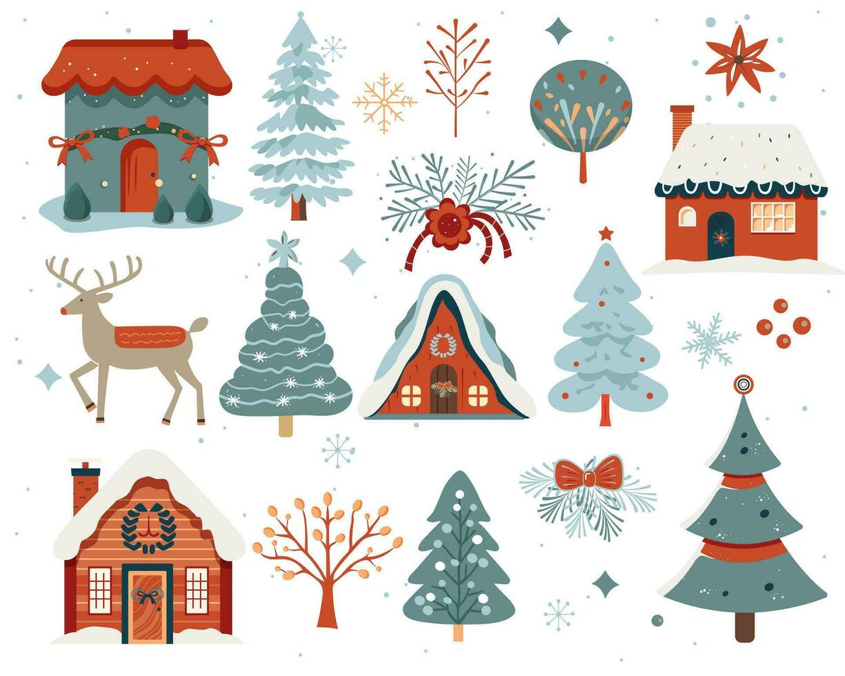 scandi Navidad ilustración, linda casas, árboles, ciervo. conjunto de mano dibujado vector Navidad elementos.