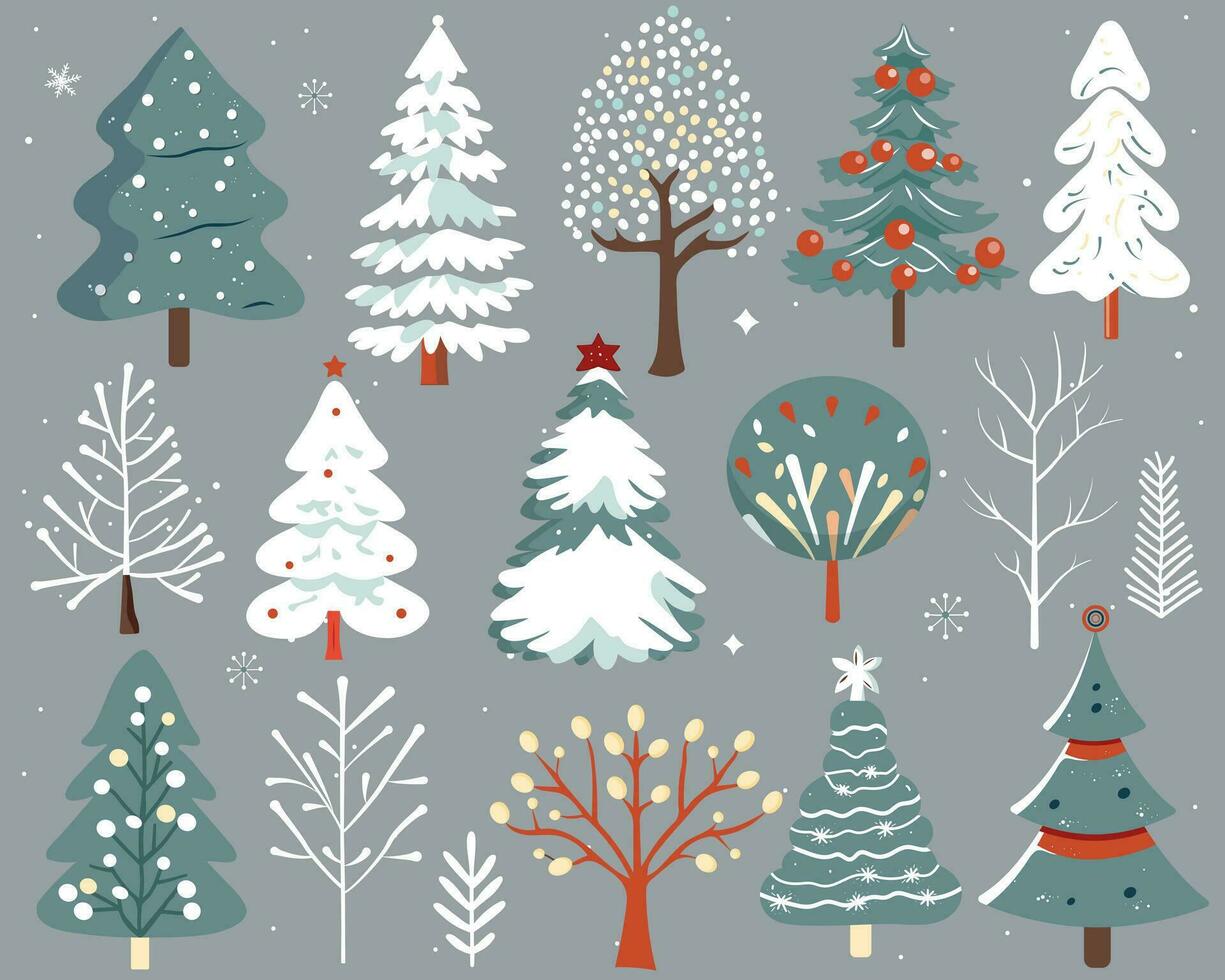 Set of winter scandinavian trees. Hand drawn christmas trees. Cute abstract colored trees. Trendy scandi vector plants.