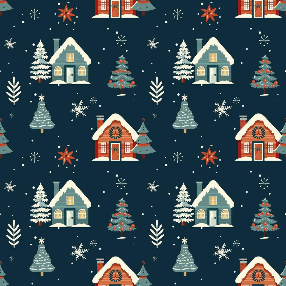 Winter seamless pattern with scandinavian houses. Christmas vector pattern. Winter background design.