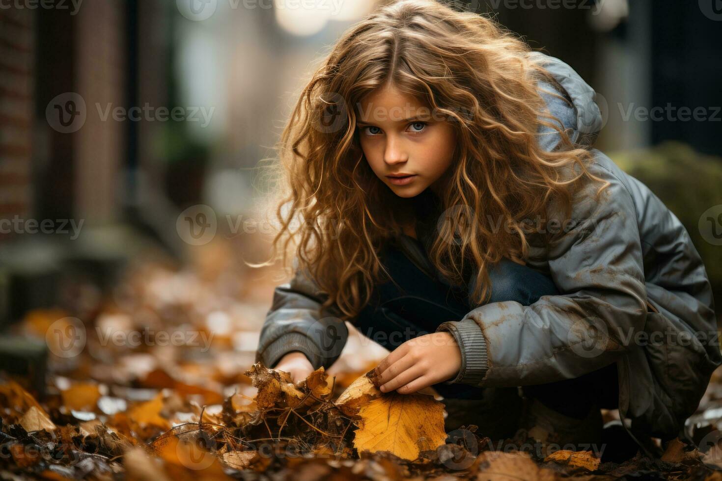 niña jugando con caído árbol hojas en otoño, en el ciudad ai generado foto