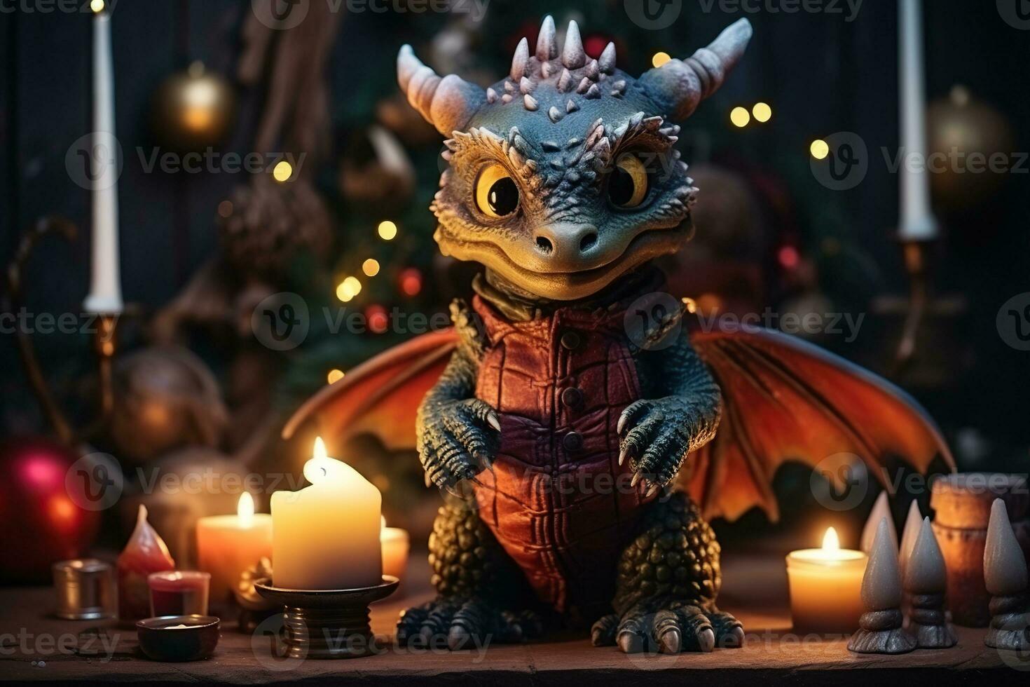 The small dragon lights a Christmas candle. Fantasy style dragon. New Year 2024 photo