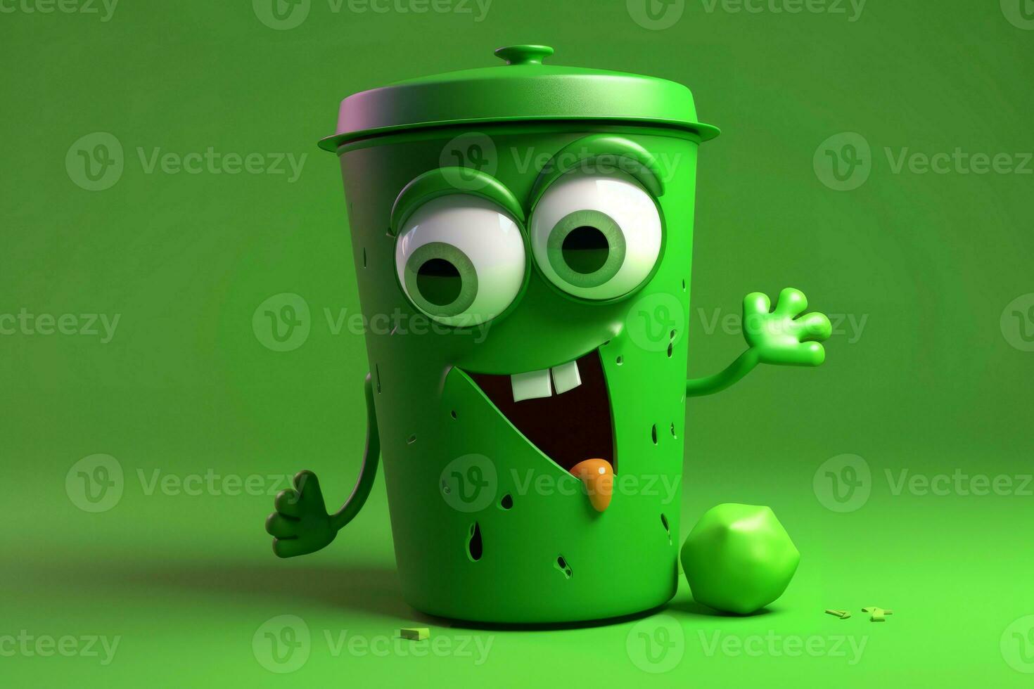 Trash can 3d green character. Generate Ai photo